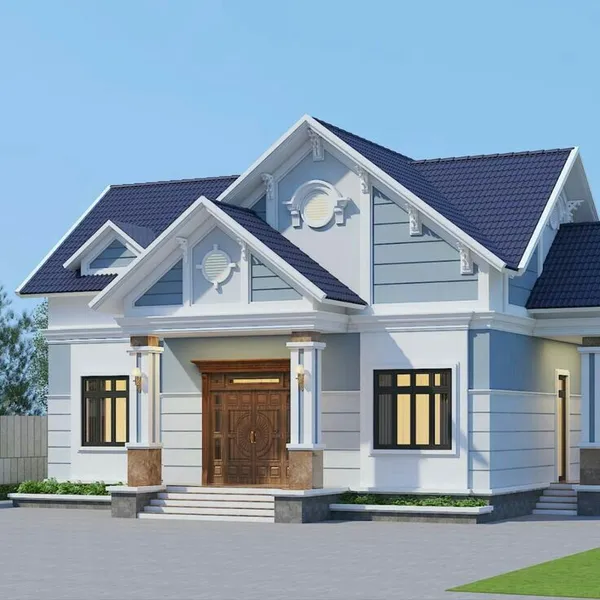 Mẫu nhà cấp 4 mái Thái tân cổ điển phối màu trắng và xanh ghi, có sảnh chính bề thế với cột vuông và cửa gỗ tự nhiên sang trọng.