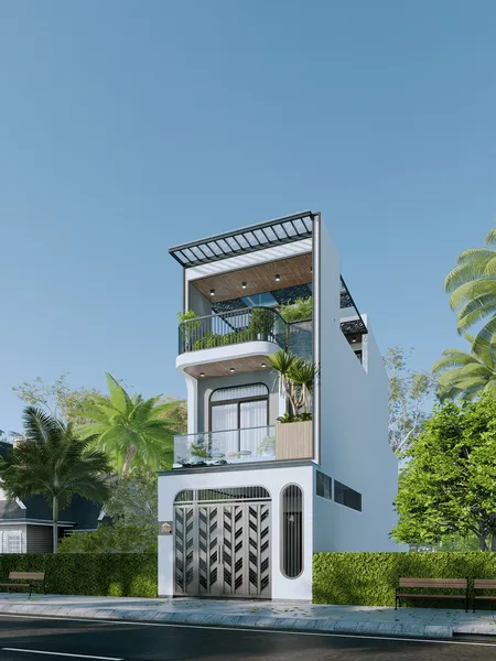 Nhà phố 2 tầng 1 tum hiện đại với thiết kế độc đáo, hệ cổng gấp gọn gàng và ban công cây xanh mát mắt