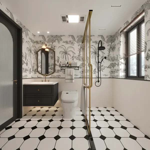 Phòng tắm phong cách Indochine với giấy dán tường họa tiết nhiệt đới, sàn gạch lục giác trắng đen và tủ lavabo đen treo tường