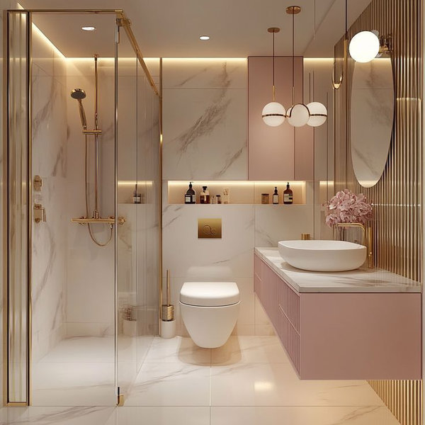 Mẫu Nhà Vệ Sinh Phong Cách Modern Luxury Vàng Gold Và Hồng Pastel