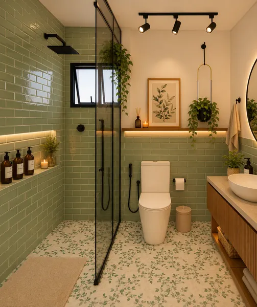 Mẫu Nhà Vệ Sinh Phong Cách Tropical Gạch Xanh Sữa Độc Đáo