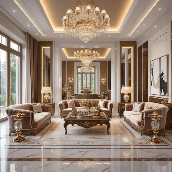 Phòng khách biệt thự cổ điển lộng lẫy với hệ thống đèn chùm pha lê hoành tráng, bộ sofa vòm bọc nhung sang trọng, bàn trà chạm trổ tinh xảo và sàn đá cẩm thạch bóng loáng.