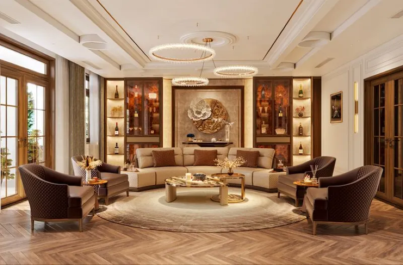 Phòng khách biệt thự cổ điển lộng lẫy với hệ thống đèn chùm pha lê hoành tráng, bộ sofa vòm bọc nhung sang trọng, bàn trà chạm trổ tinh xảo và sàn đá cẩm thạch bóng loáng.