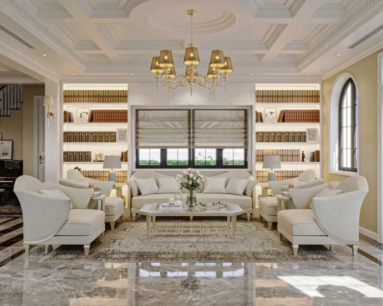 Phòng khách biệt thự tân cổ điển sang trọng với hệ tủ sách âm tường lớn, bộ sofa màu kem tinh tế và đèn chùm trang trí đẳng cấp.
