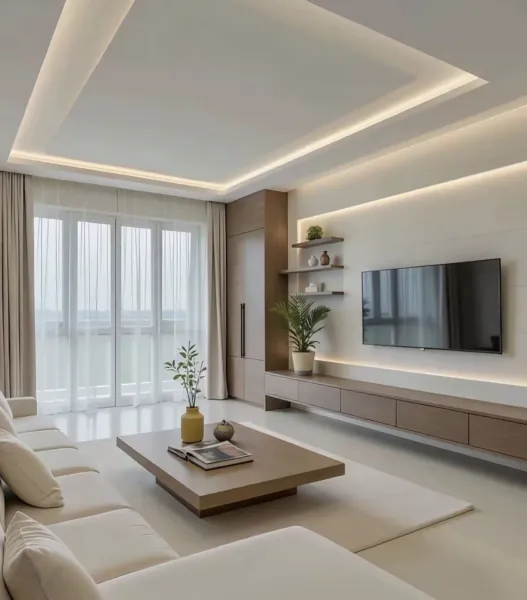 Phòng khách chung cư hiện đại với tông màu sáng trang nhã, sofa góc màu be, bàn trà gỗ tối giản