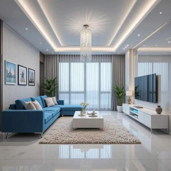Phòng khách chung cư hiện đại nổi bật với bộ sofa chữ L bọc nệm màu xanh dương nổi bật, bàn trà trắng tối giản