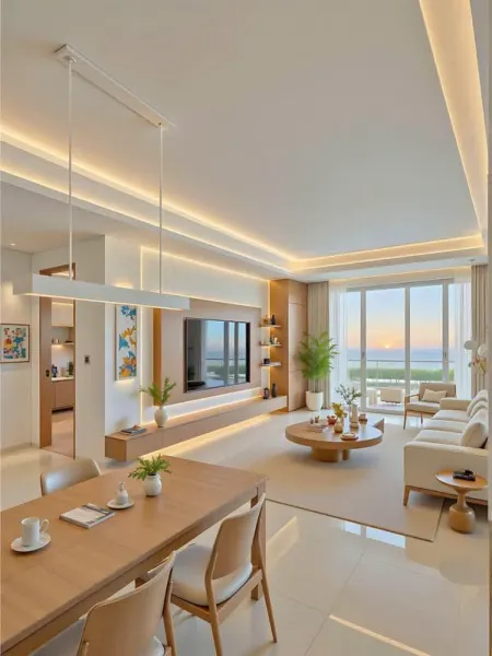 Phòng khách chung cư hiện đại không gian mở kết hợp bàn ăn, nổi bật với sofa màu kem, bàn trà gỗ tròn