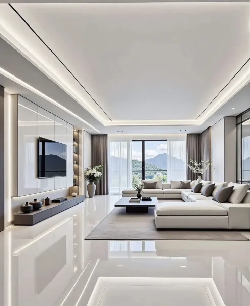 Mẫu phòng khách đẹp và hiện đại sang trọng với sofa chữ L, tông màu trắng kem, hệ tủ TV tối giản và cửa kính lớn đón ánh sáng tự nhiên.
