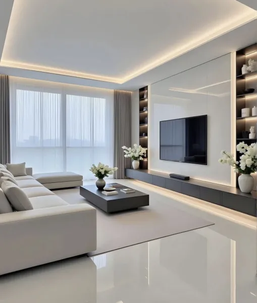 Phòng khách hiện đại với tông màu trắng sang trọng, sofa tối giản, kệ TV âm tường và hệ đèn LED hắt trần