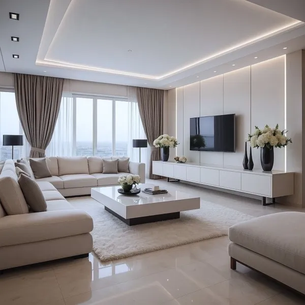 Mẫu phòng khách hiện đại cao cấp với sofa chữ L, tông màu kem trang nhã, kệ TV treo tường và hệ đèn LED âm trần.