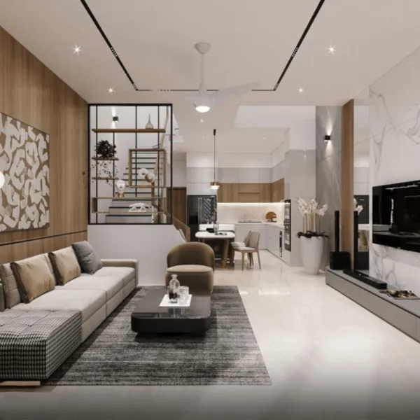 Phòng khách nhà phố hiện đại không gian mở, nổi bật với tường ốp gỗ ấm áp, sofa dài, bàn trà tối màu và vách tivi đá cẩm thạch sang trọng.