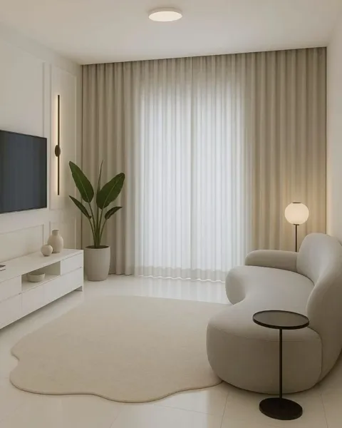Mẫu phòng khách tối giản với gam màu trắng kem, ghế lounge hiện đại, kệ TV treo tường và rèm cửa cao kịch trần, mang đến không gian sống tinh tế và thư giãn.