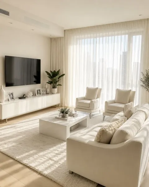 Mẫu phòng khách tối giản hiện đại với gam màu trắng kem, sofa bọc nỉ, kệ TV treo tường và cửa kính lớn đón ánh sáng tự nhiên. Không gian thanh lịch, sang trọng.