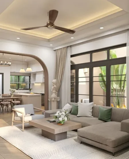 Phòng khách nhà phố hiện đại không gian mở, kết hợp sofa chữ L, bàn trà gỗ tối giản và cửa kính lớn nhìn ra sân vườn.