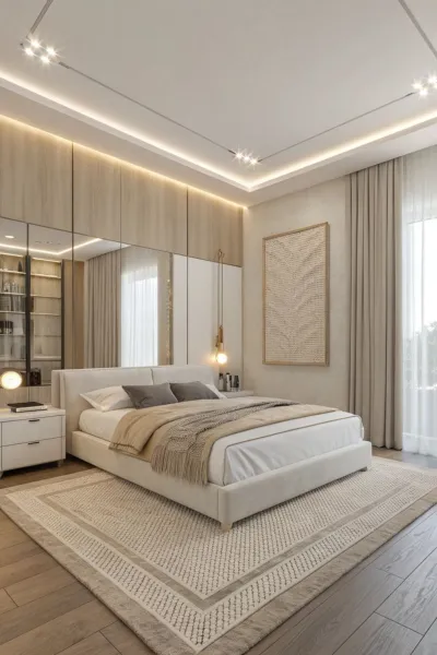 Mẫu phòng ngủ hiện đại với hệ vách kính gương và tủ kệ trưng bày sang trọng