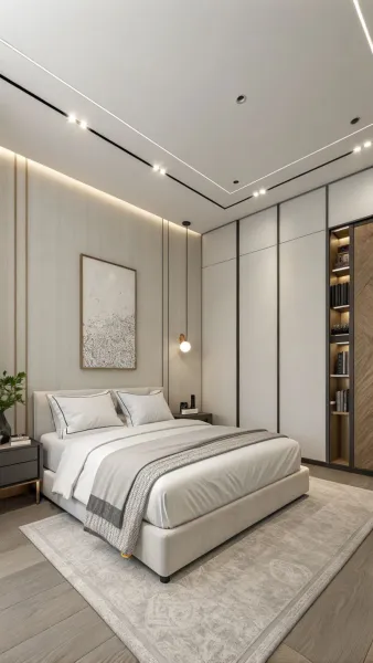 Mẫu phòng ngủ hiện đại với hệ tủ quần áo âm tường kết hợp kệ trang trí và đèn hắt trần độc đáo.