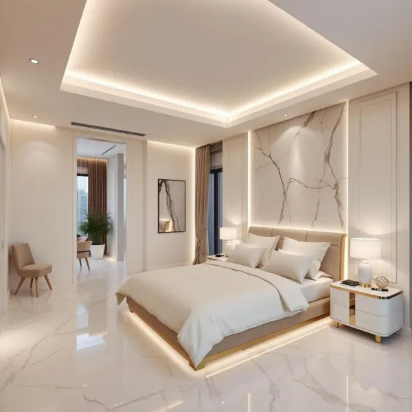 Mẫu phòng ngủ hiện đại cao cấp với vách ốp đá marble vân mây sang trọng và hệ thống đèn hắt gầm giường