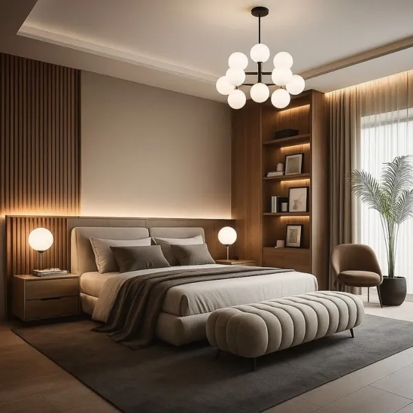 Mẫu phòng ngủ hiện đại ấm cúng với đèn chùm quả cầu độc đáo