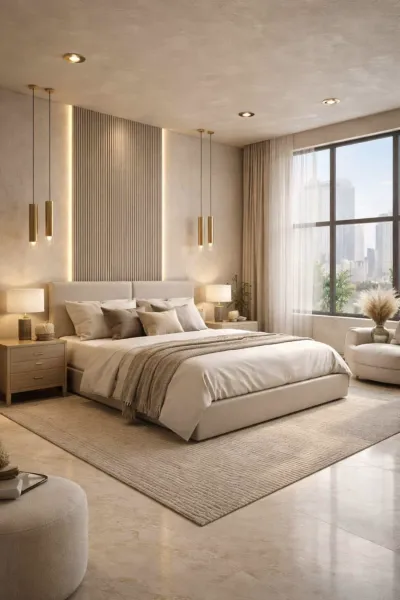 Mẫu phòng ngủ hiện đại tông màu kem sang trọng với vách ốp lam sóng
