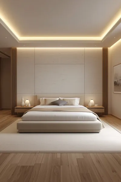 Mẫu phòng ngủ tối giản đối xứng với vách ốp tường phẳng, hai cột lam sóng hai bên