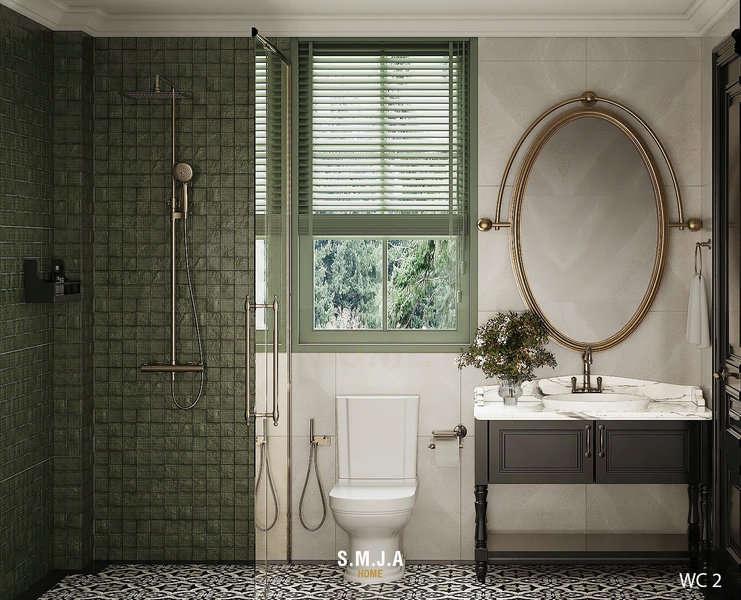 Phòng tắm phong cách Indochine WC 2 với tường ốp gạch mosaic xanh, gương vòm khung đồng và tủ lavabo cổ điển