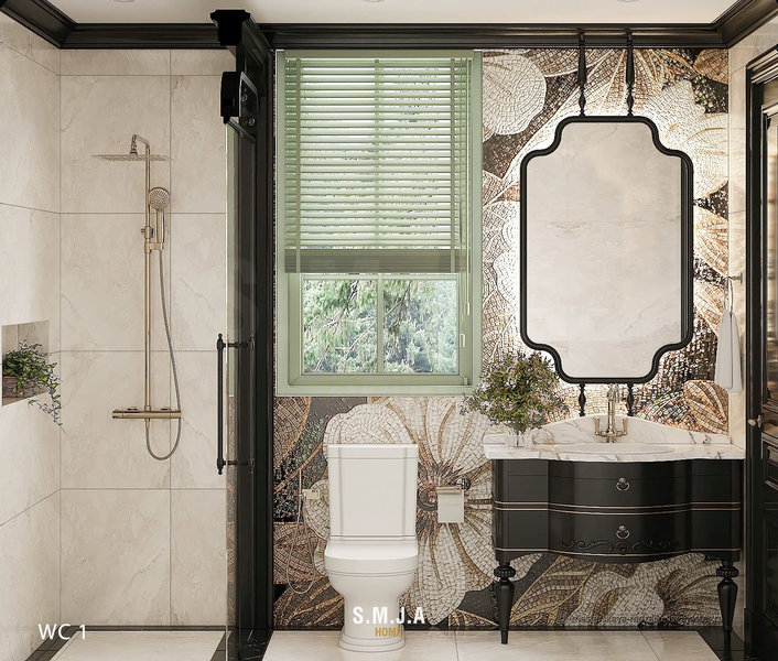 Phòng tắm phong cách Indochine với tranh mosaic hoa sen lớn, bàn lavabo đen cổ điển và khung cửa sổ rèm xanh