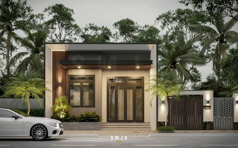 Phối cảnh 3D mặt tiền nhà cấp 4 hiện đại kết hợp cảnh quan thiên nhiên xanh mát