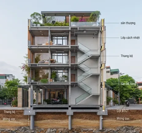 Hình ảnh 3D mặt cắt đứng nhà ống 4 tầng, thể hiện rõ hệ kết cấu móng cọc, cột bêtông cốt thép, sàn, thang bộ và lớp cách nhiệt.