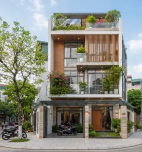 Mặt tiền nhà ống 4 tầng hiện đại với cây xanh ban công, sân thượng và lam gỗ, nằm trên phố rợp bóng cây.