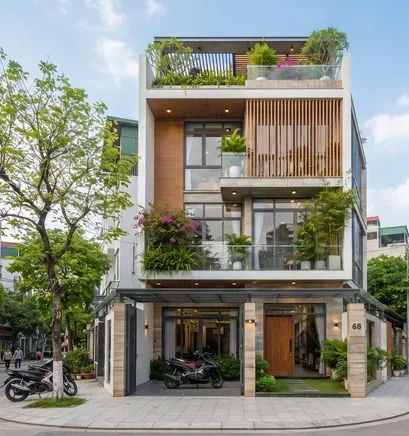 Mặt tiền nhà ống 4 tầng hiện đại với cây xanh ban công, sân thượng và lam gỗ, nằm trên phố rợp bóng cây.