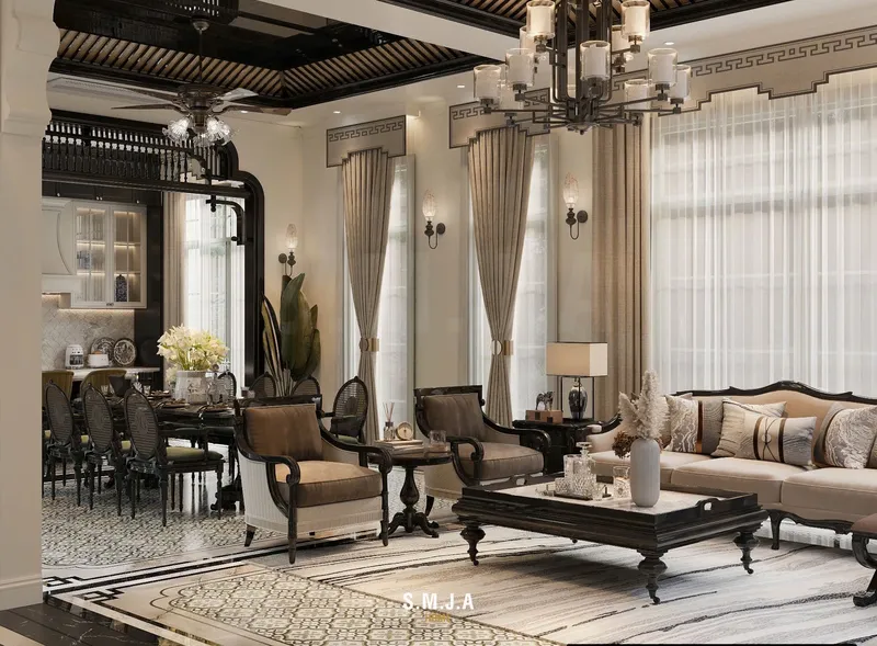 Thiết kế nội thất phòng khách liền bếp phong cách Indochine sang trọng, đậm chất Á Đông