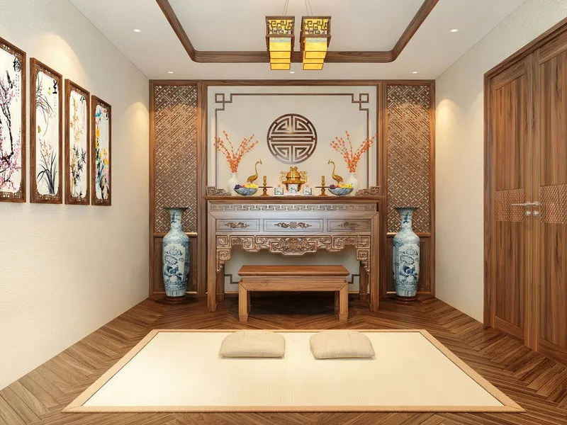 Mẫu phòng thờ gỗ tự nhiên cao cấp với tranh tứ quý và bình hoa lớn