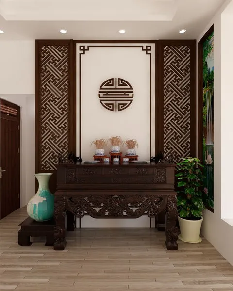 Mẫu phòng thờ kết hợp vách CNC hoa văn chữ vạn và bàn thờ chạm trổ tinh xảo