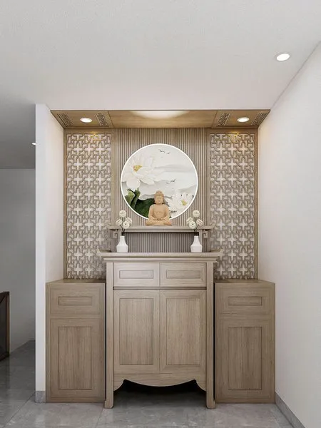 Mẫu phòng thờ kết hợp vách CNC hoa văn và tranh sen tròn trang nhã