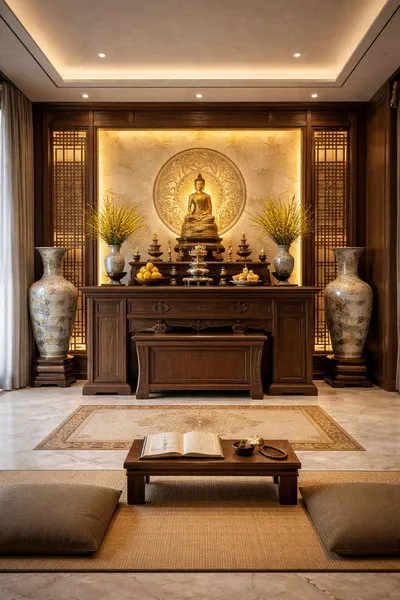 Mẫu phòng thờ đẹp sang trọng cao cấp với tượng Phật hào quang và đôi lục bình lớn