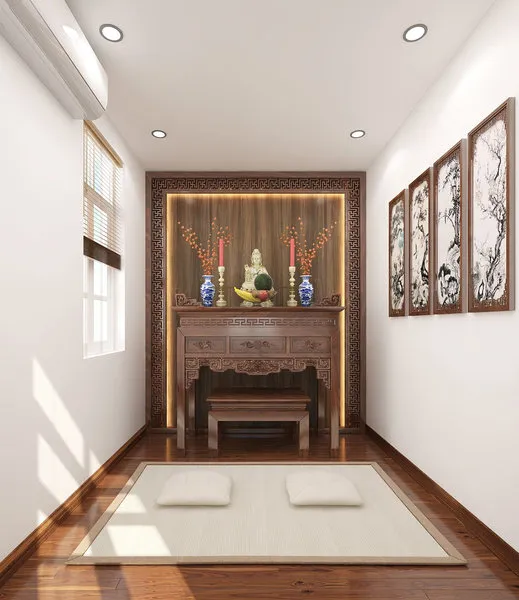 Mẫu phòng thờ tận dụng ánh sáng tự nhiên với cửa sổ rèm sáo và tranh treo tường