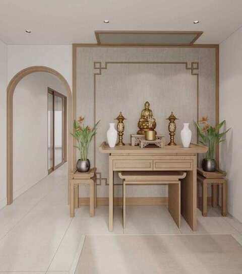 Mẫu bàn thờ gỗ sáng màu phong cách Zen Nhật Bản