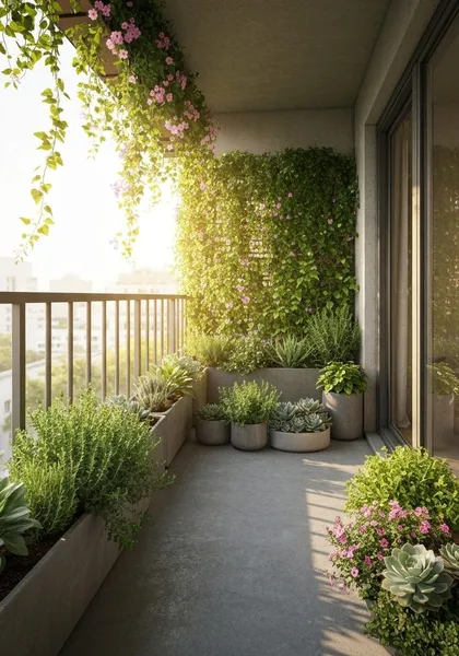 Không gian ban công nhỏ ngập tràn ánh nắng với các chậu cây cảnh, cây mọng nước, mảng tường xanh leo rậm rạp và giàn hoa hồng rủ từ trần xuống.