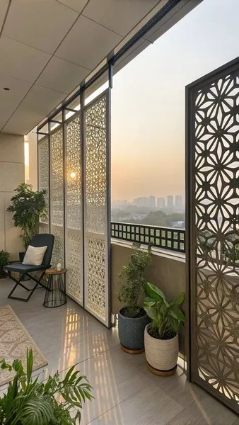 Không gian ban công chung cư lúc hoàng hôn với các tấm bình phong kim loại đục lỗ hoa văn CNC tinh xảo làm vách ngăn che nắng, chậu cây xanh và góc ngồi thư giãn.