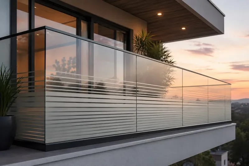 Ban công tầng cao lúc hoàng hôn với lan can kính cường lực dán decal hoặc khắc sọc mờ ngang nghệ thuật, tay vịn đen và trần nhà bật đèn LED ấm áp.