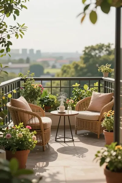 Không gian ban công nhỏ xinh ngập tràn ánh nắng buổi sáng với bộ bàn ghế mây đan bọc nệm êm ái, bàn trà tròn nhỏ, lan can sắt đen và các chậu hoa tươi rực rỡ xung quanh.