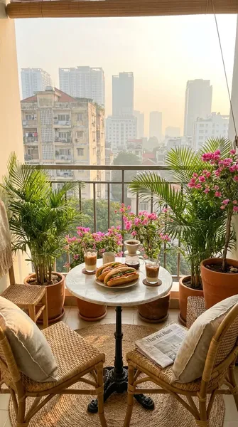 Không gian ban công chung cư nhỏ gọn với bàn cà phê mặt đá tròn, ghế mây đệm êm, thảm cói, các chậu đất nung trồng cây cảnh và hoa giấy hồng rực rỡ nhìn ra khung cảnh thành phố.