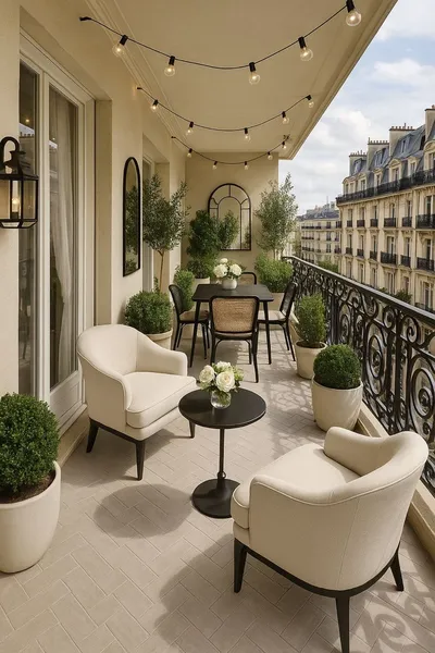 Không gian ban công rộng rãi mang phong cách Paris với sàn lát gạch xương cá, lan can sắt mỹ thuật uốn lượn cổ điển, bộ ghế bành màu kem sang trọng, bàn trà, bộ bàn ăn ngoài trời và dây đèn tròn trang trí thả trần.