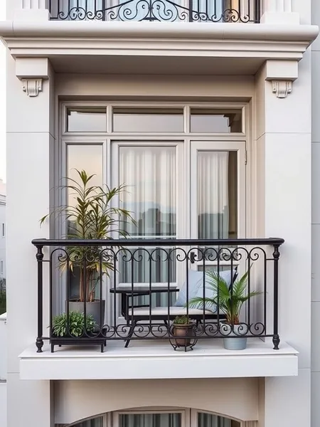 Góc ban công nhỏ phong cách tân cổ điển với tường sơn trắng tinh tế, lan can sắt mỹ thuật uốn hoa văn uốn lượn sơn đen, kết hợp các chậu cây cảnh và bộ bàn ghế nhỏ xinh.