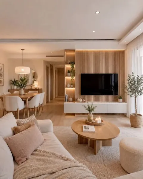 Thiết kế nội thất phòng khách liền bếp phong cách Japandi ấm cúng, tối giản và tinh tế
