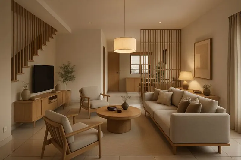 Thiết kế nội thất phòng khách liền bếp phong cách Japandi ấm cúng, mộc mạc và tinh tế