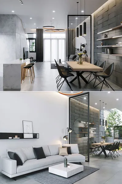 Thiết kế nội thất phòng khách liền bếp phong cách Modern Minimalist hiện đại