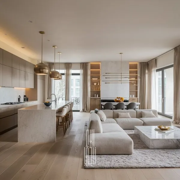 Mẫu thiết kế phòng khách liền bếp phong cách Modern Minimalist sang trọng, tông màu ấm
