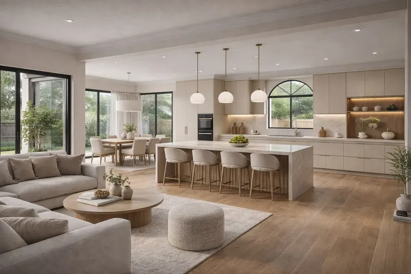 Không gian phòng khách liền bếp phong cách Modern Minimalist sang trọng, tràn ngập ánh sáng tự nhiên