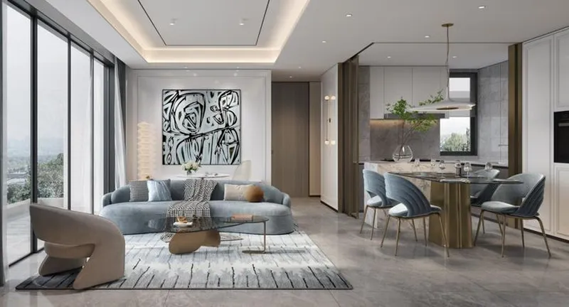 Thiết kế nội thất phòng khách liền bếp phong cách Modern Luxury sang trọng, tinh tế